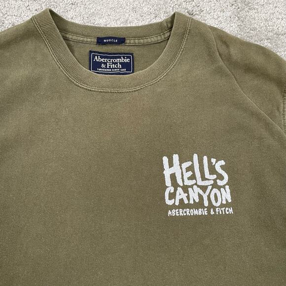 y2k Abercrombie Mens Graphic Muscle T-Shirt Olive Green Hells Canyon Size XL - Picture 5 of 7